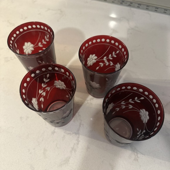 William Sonoma Vintage Garnet Etched Tumblers Ruby Red Glasses 8 OZ Set Of 4 NWT - Picture 2 of 6